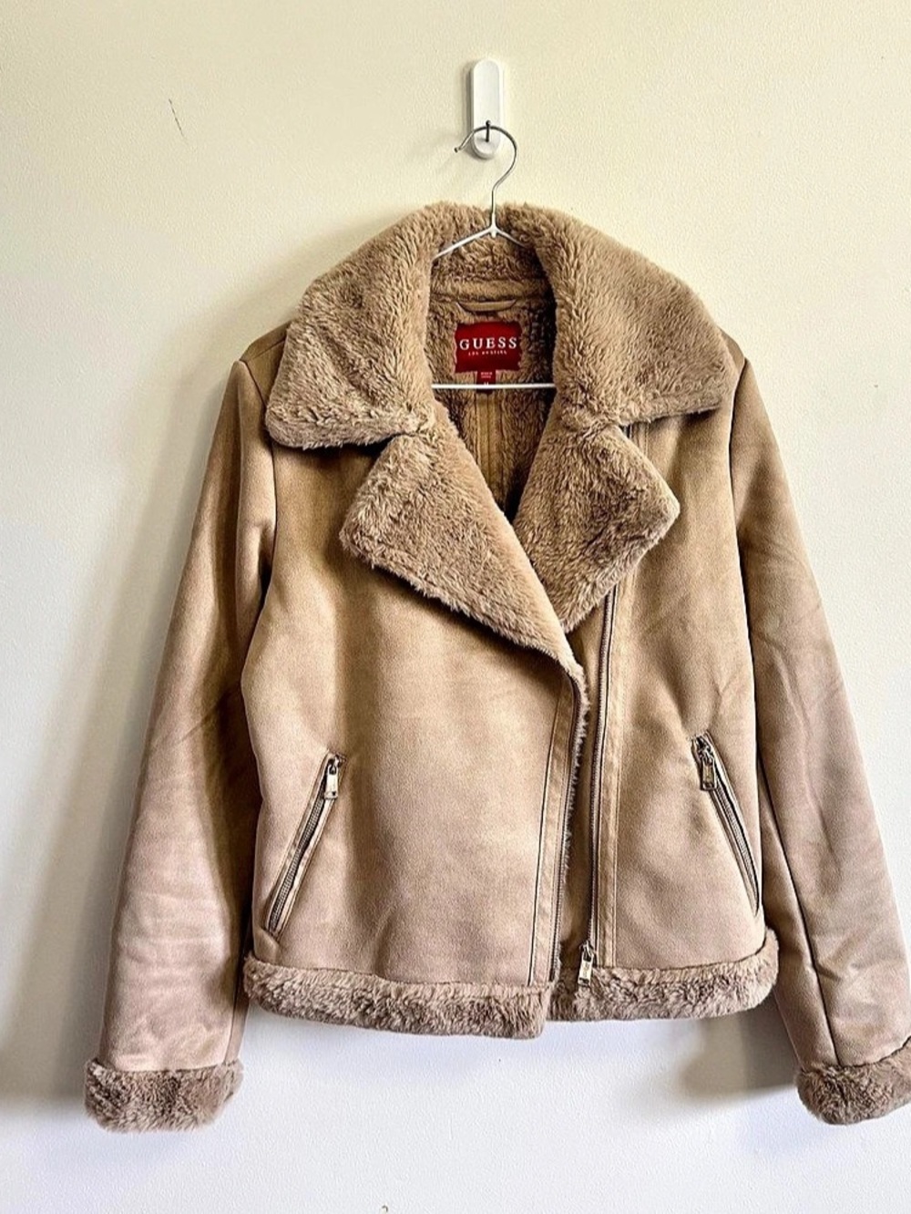 GUESS Faux-Shearling Moto Jacket Brown Size Medium